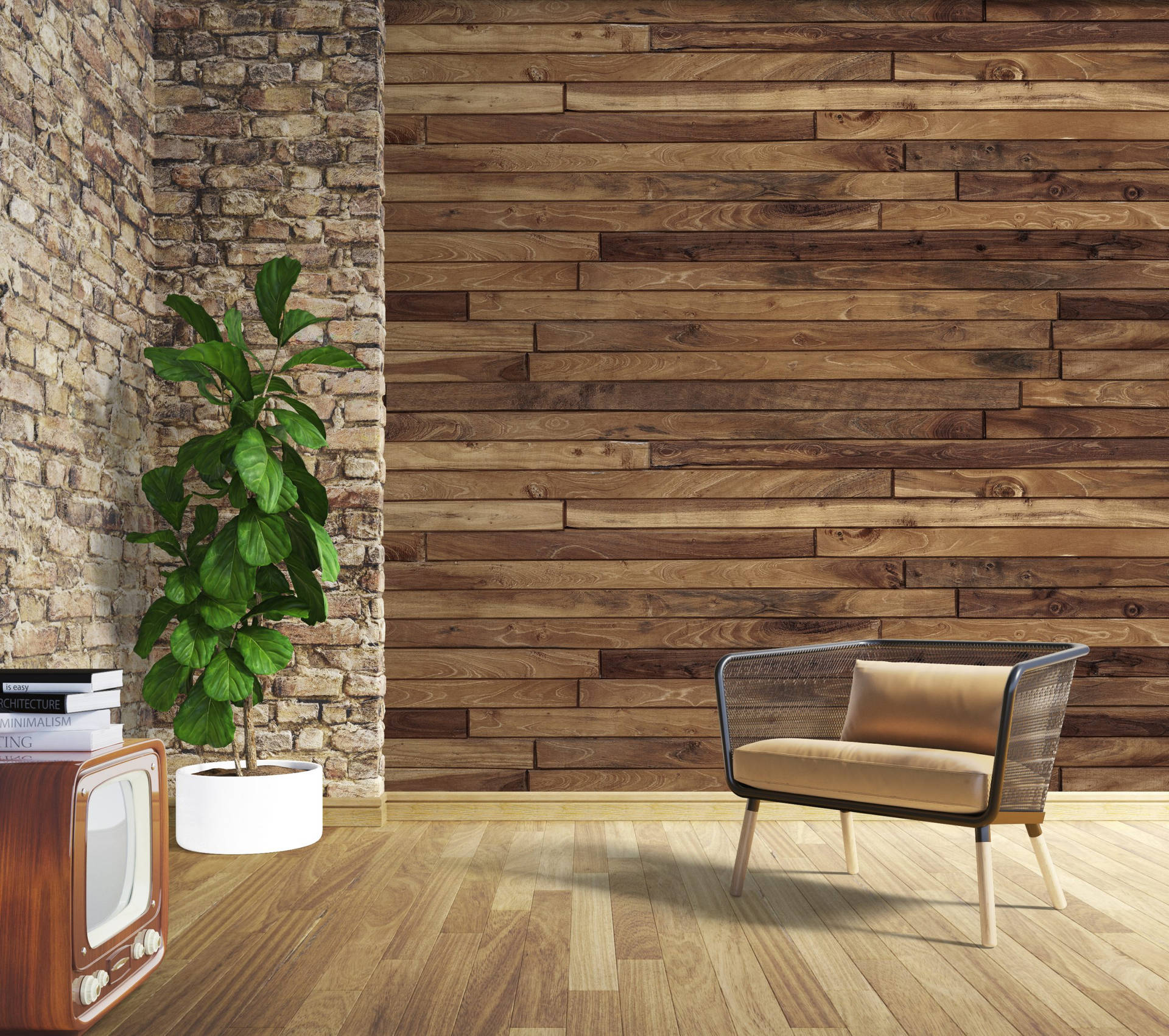 Caption: Modern Room Interior with Rustic Brick Texture and Wooden Accents Wallpaper