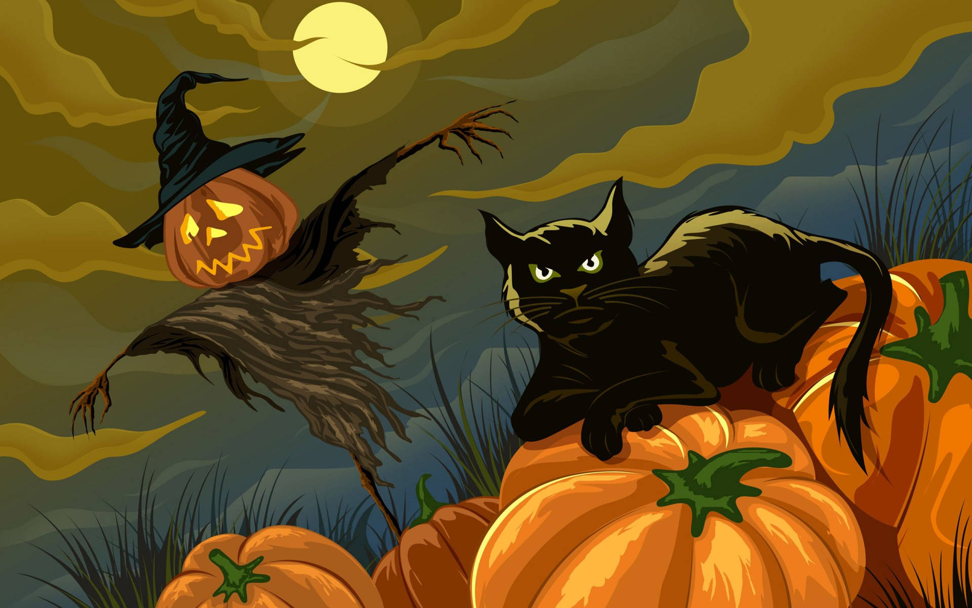 Scary Halloween Black Cat And Scarecrow Wallpaper