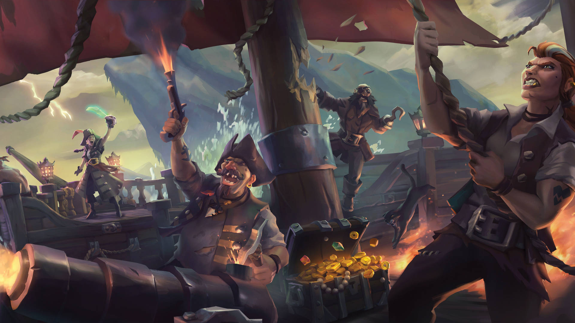 Sailors venture in the deep and dark waters of the Sea of Thieves in pursuit of lost treasure. Wallpaper