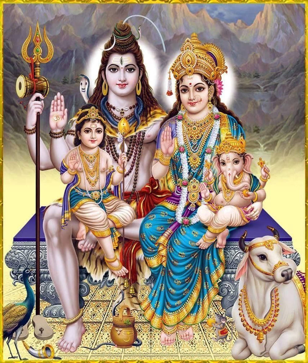 Shiva Parvati With Kartikeya And Ganesha Portrait Wallpaper