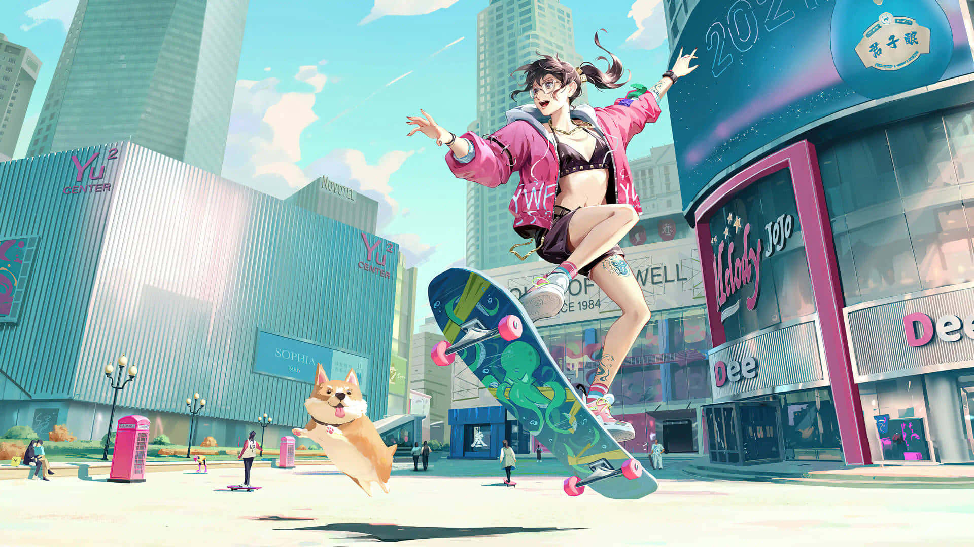 Skater Girl Aesthetic Pop Cartoon City Desktop Wallpaper