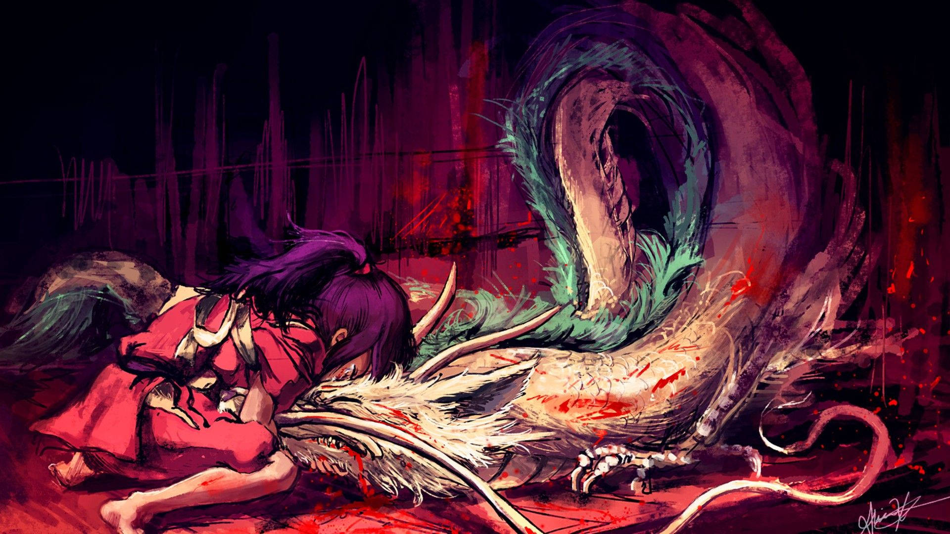 Chihiro and Haku form a strong bond in the magical world of Spirited Away Wallpaper