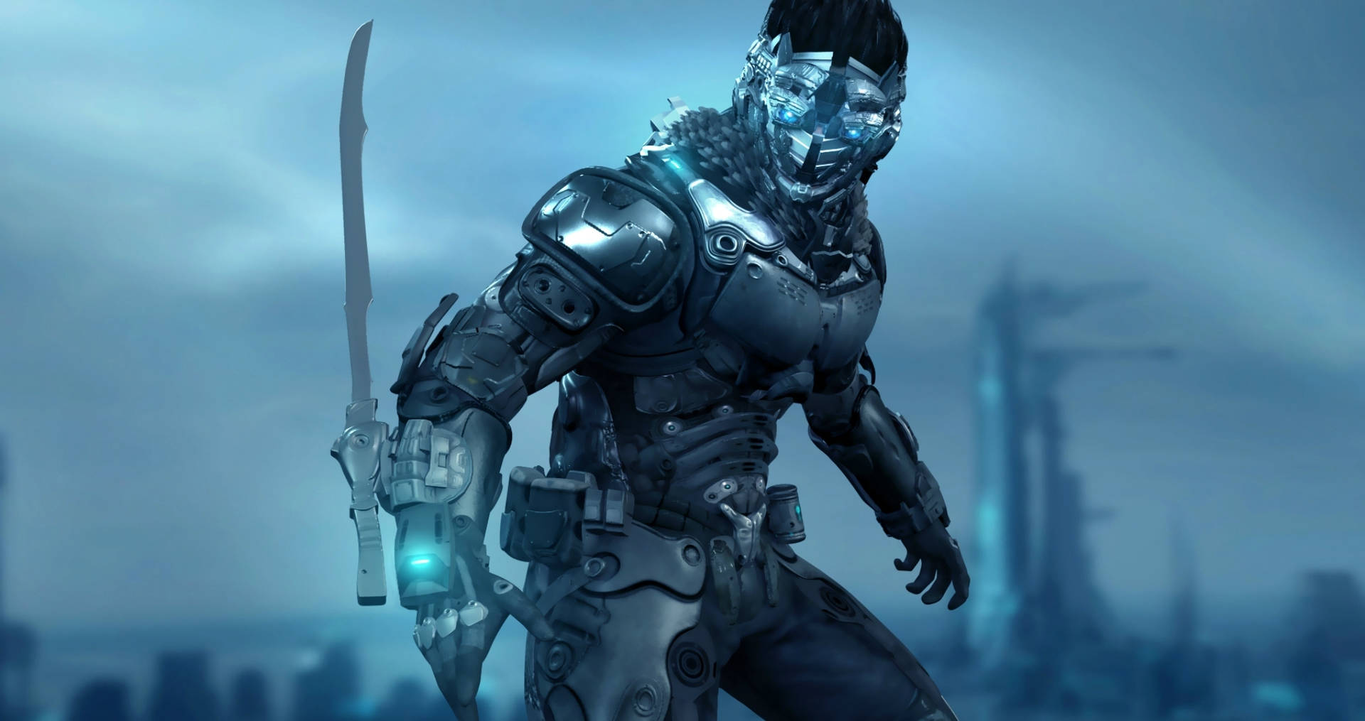 "Armored warrior wielding a sword in a cyberpunk world" Wallpaper