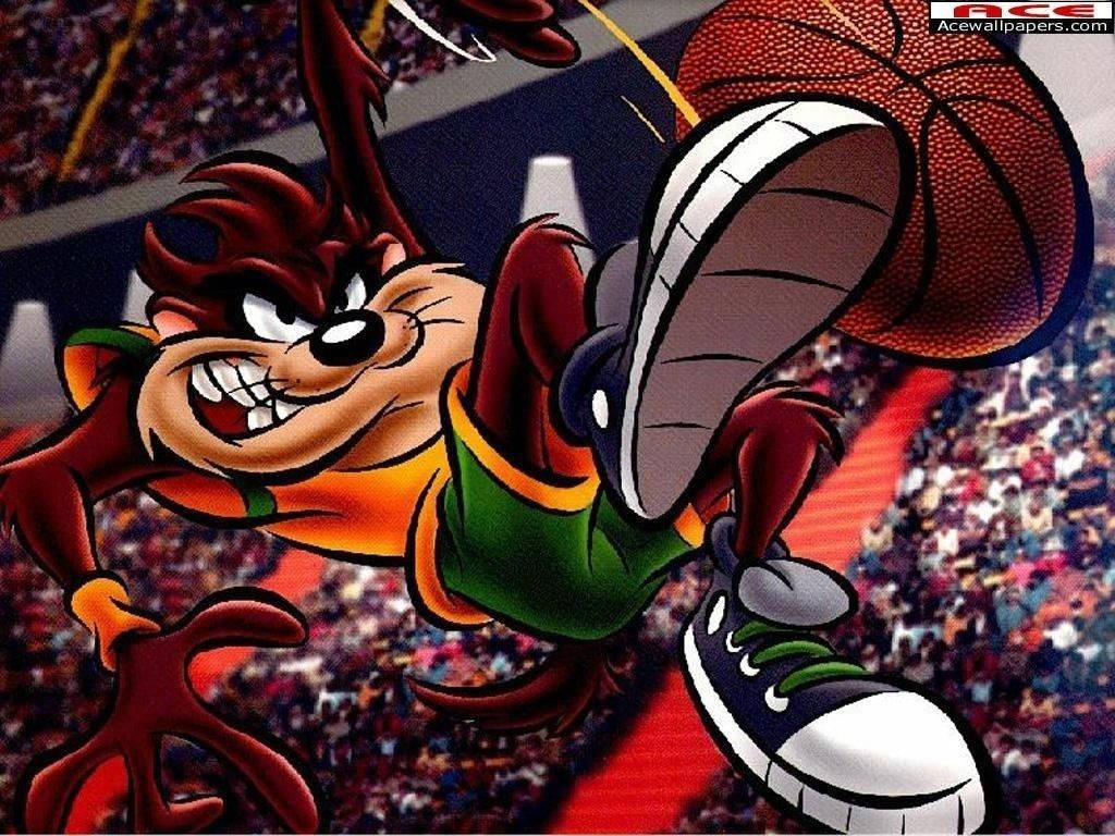 a cartoon character is jumping into the air and kicking a basketball Wallpaper