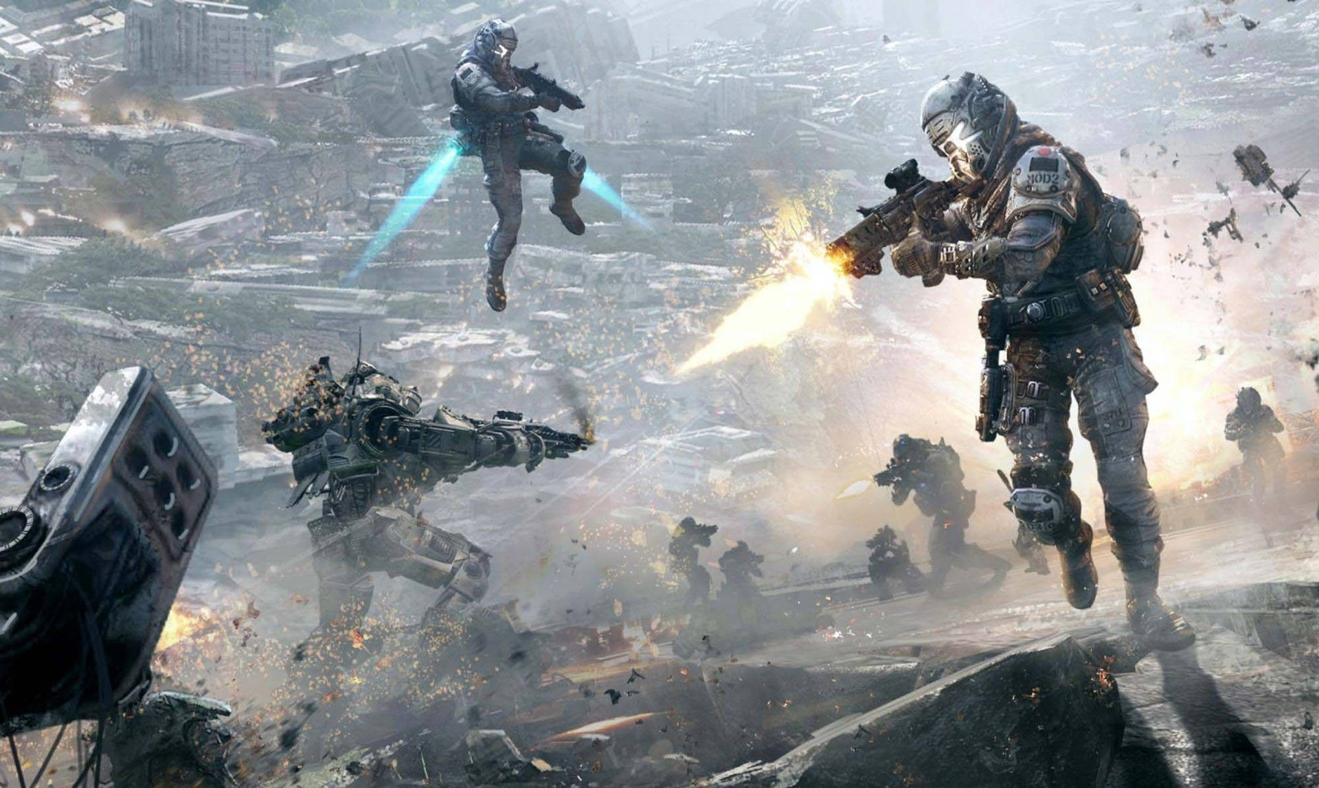 "Two Soldiers Standing Amongst the Destruction of Titanfall 2 Battlefield" Wallpaper