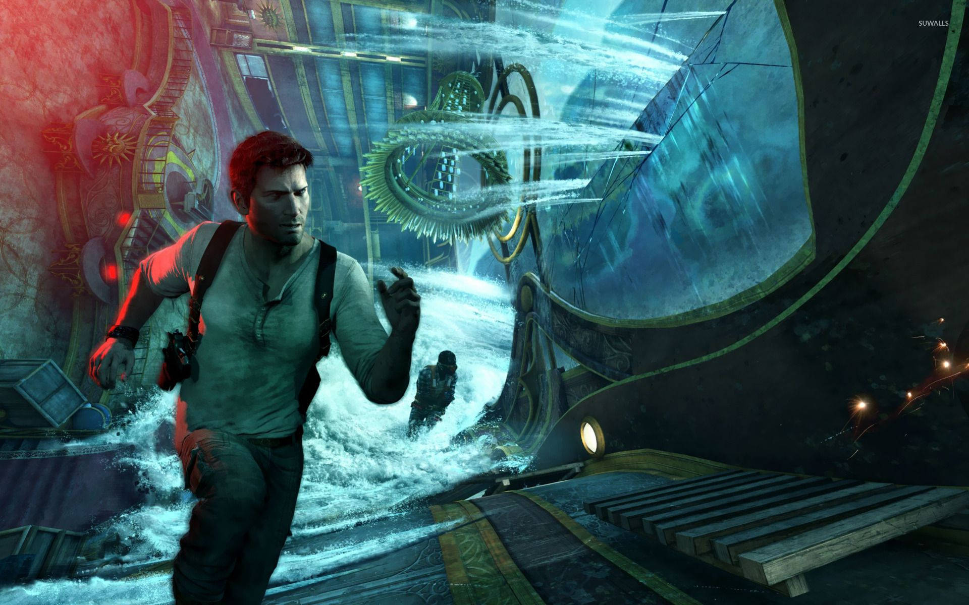Uncharted Nathan In Flooded Ship Wallpaper