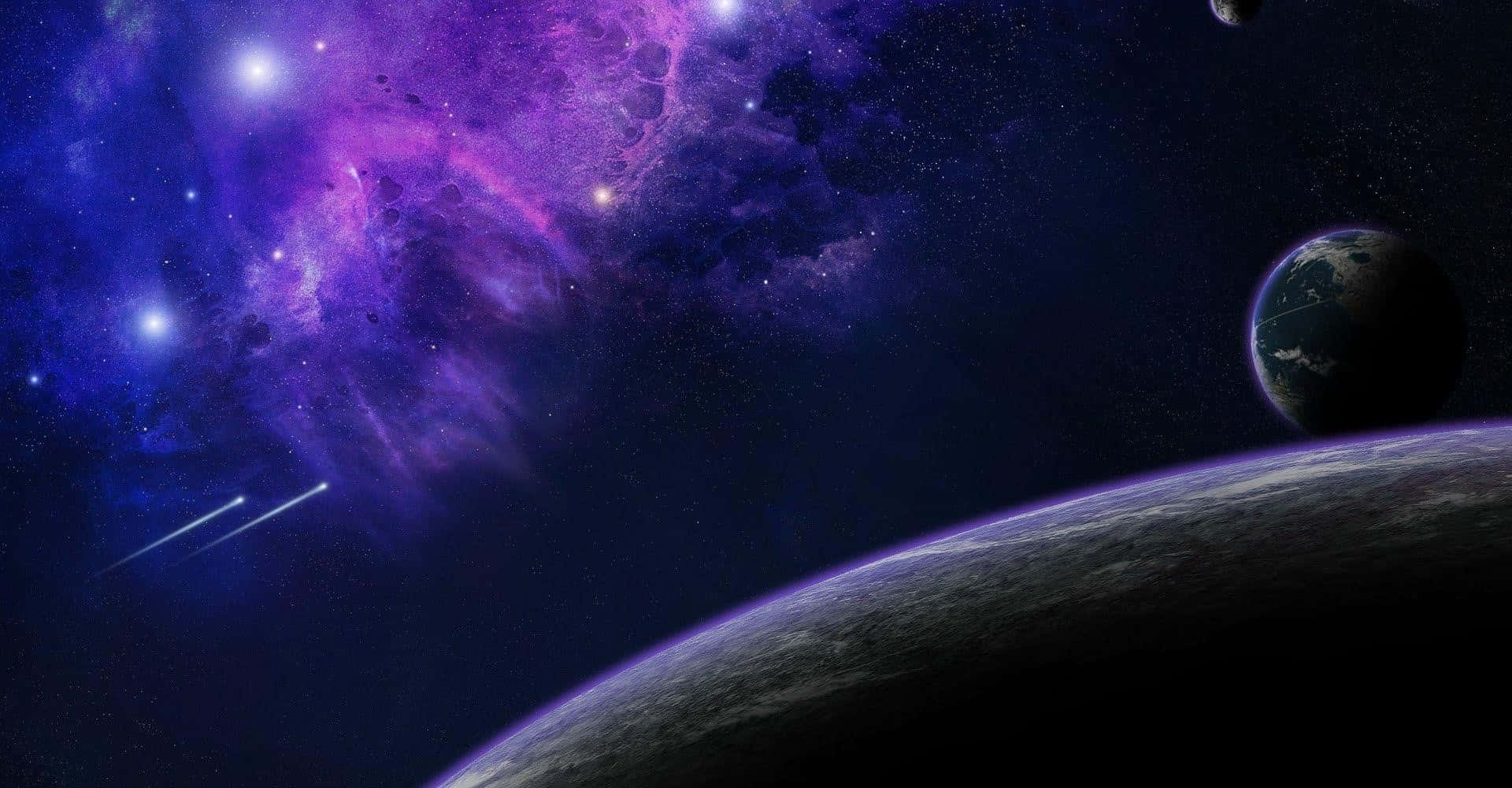 a purple and purple space with planets and stars
