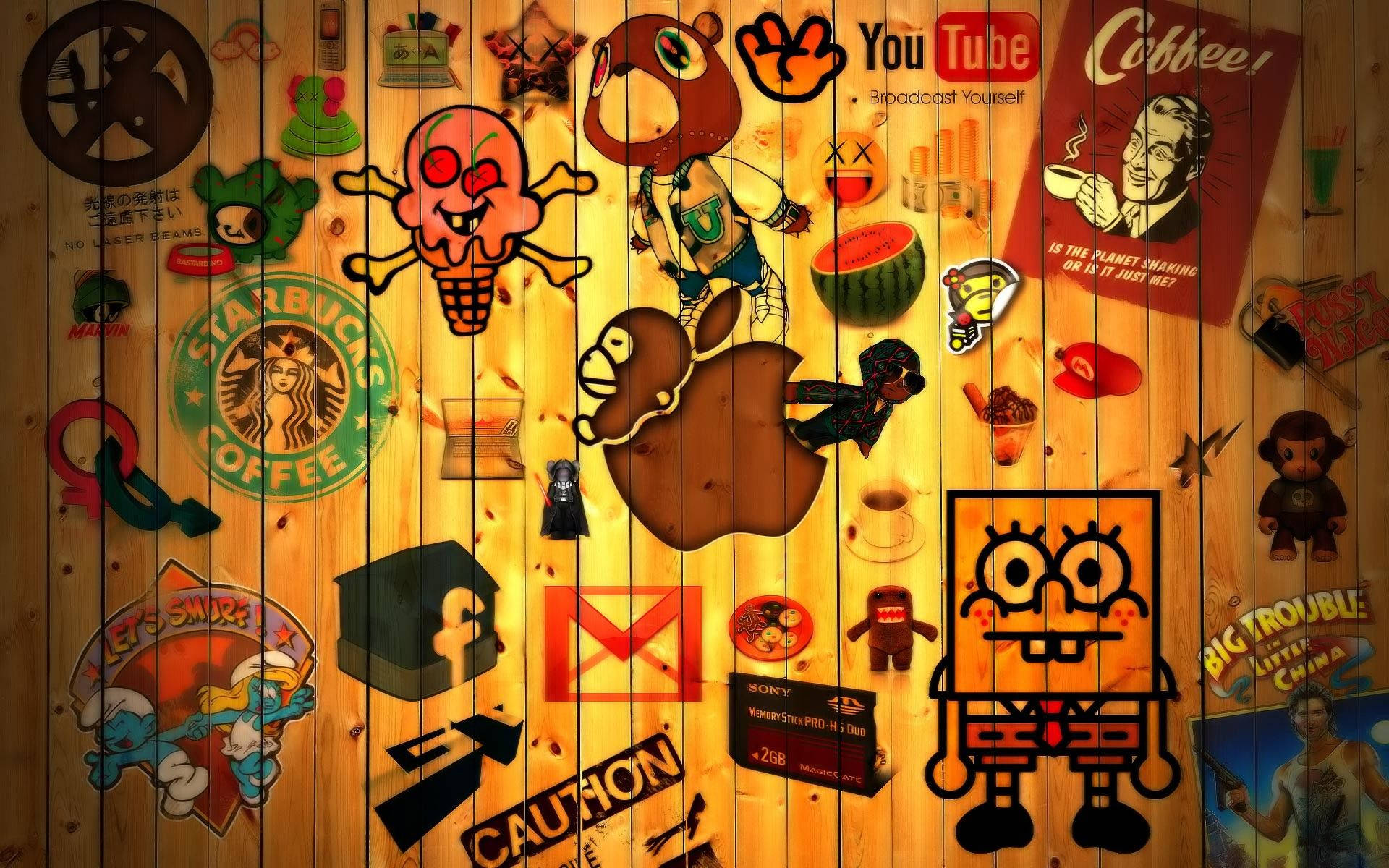 A Collection of Varied Brands and Characters Painted on Wood Wallpaper