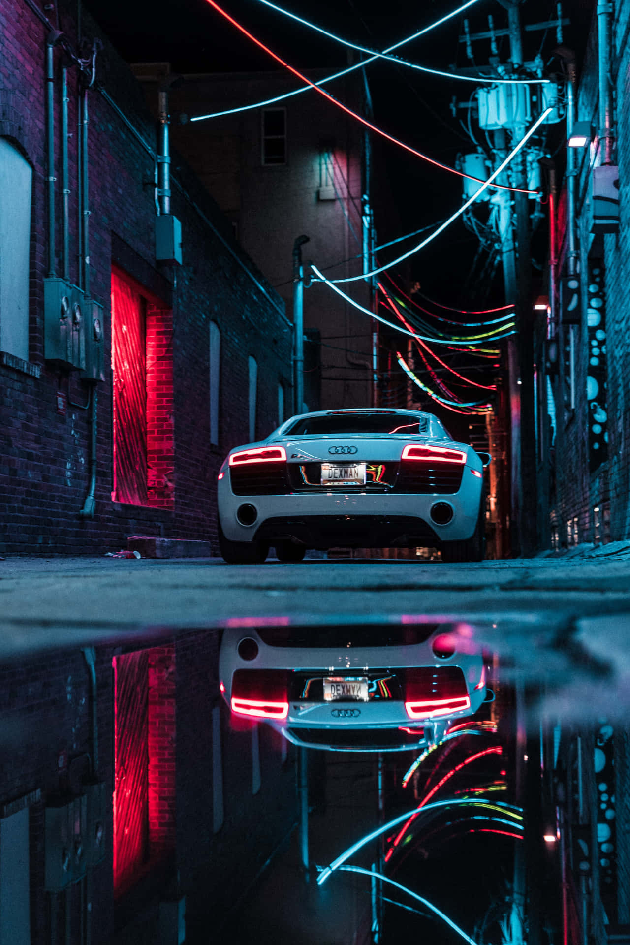 White Supercar On A Neon Alley Wallpaper