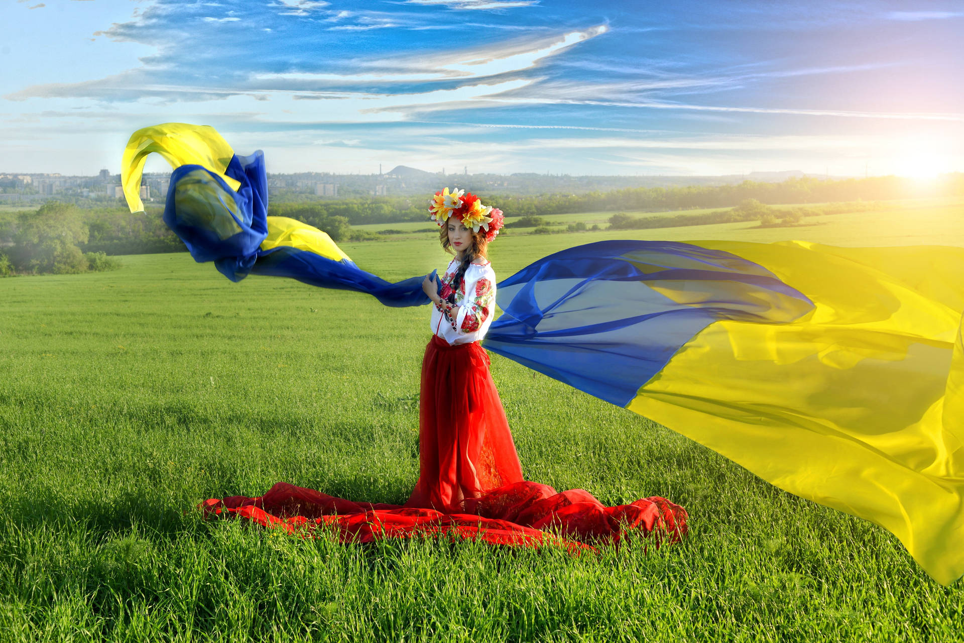 Pride and Elegance - Woman with Ukraine Flag Wallpaper
