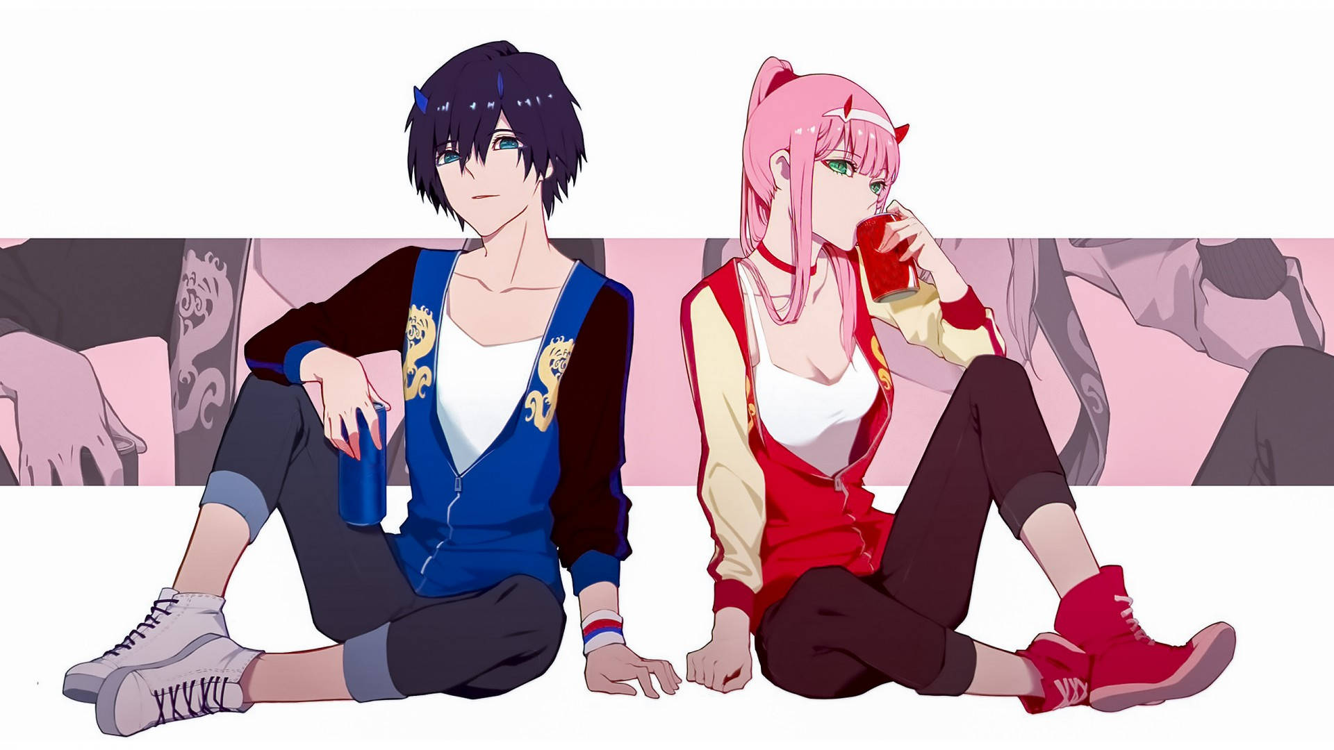 Zero Two and Hiro Sitting Together Wallpaper